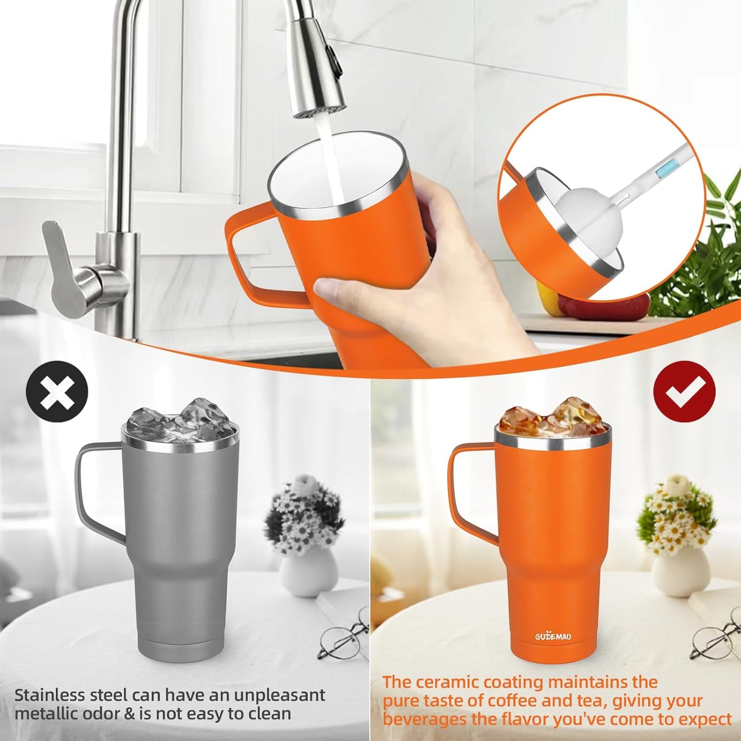 20 oz Insulated Coffee Mug with Ceramic Coating, Stainless Steel Travel Mug Tumbler with Handle Lid and Straw, Double Wall Leak-Proof Coffee Travel Mug Keeps Drink Hot and Cold (Black)