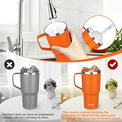 20 oz Insulated Coffee Mug with Ceramic Coating, Stainless Steel Travel Mug Tumbler with Handle Lid and Straw, Double Wall Leak-Proof Coffee Travel Mug Keeps Drink Hot and Cold (Black)