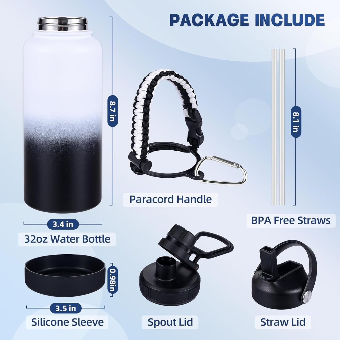 Insulated Water Bottle, 32 oz Stainless Steel Wide Mouth Water Bottles with 2 Leak Proof Lid and Paracord Handle, Double Wall Vacuum Insulated Sports Water Bottle, Purple Black