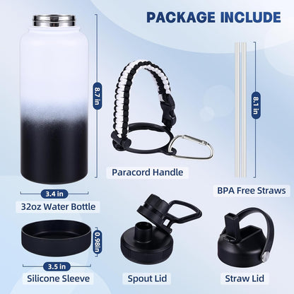 Insulated Water Bottle, 32 oz Stainless Steel Wide Mouth Water Bottles with 2 Leak Proof Lid and Paracord Handle, Double Wall Vacuum Insulated Sports Water Bottle, Purple Black