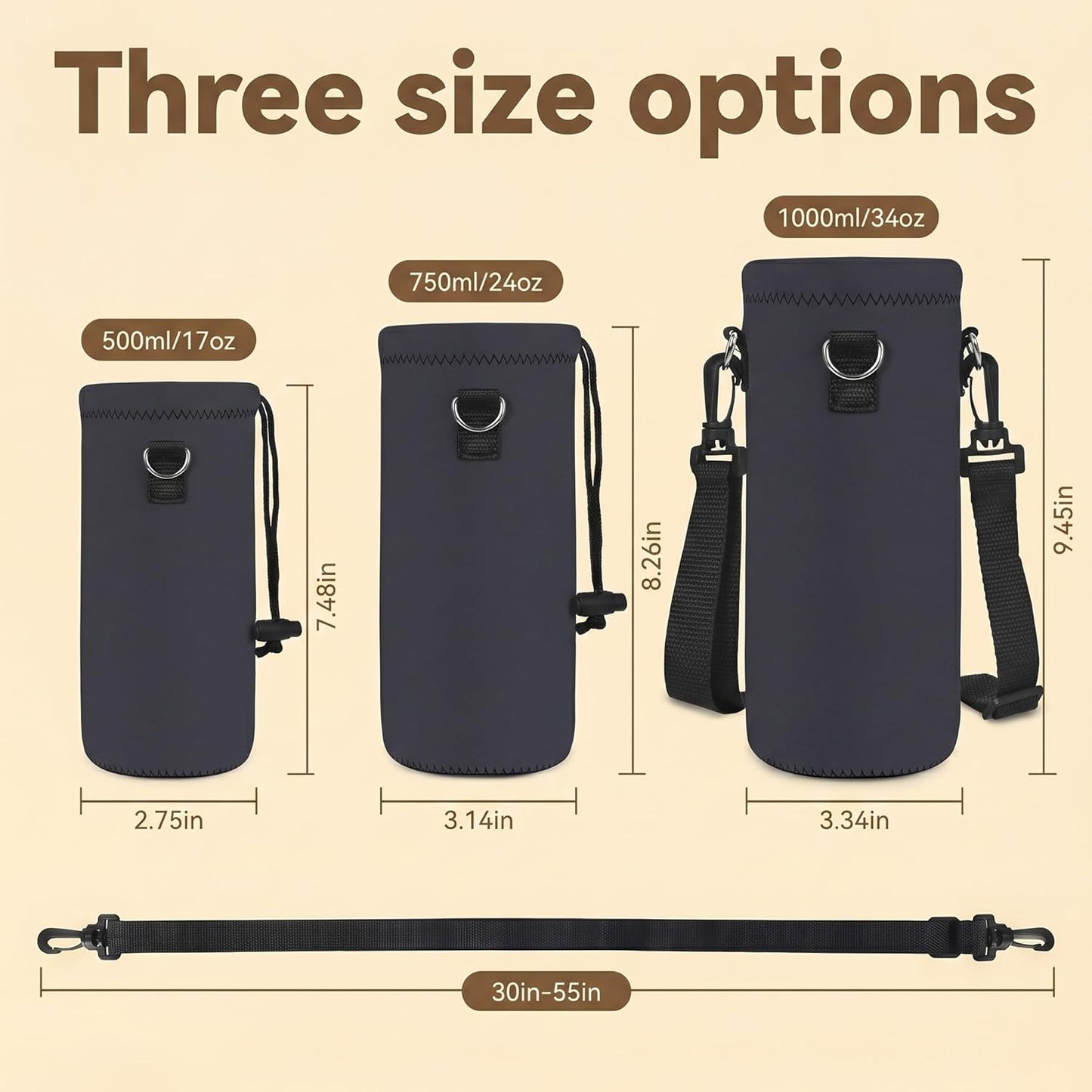 Neoprene 500ML/750ML/1000ML Water Bottle Bag Carrier, Portable Insulated Bottle Sling Holder Case Pouch with Adjustable Shoulder Strap for Men Women Walking Hiking Running