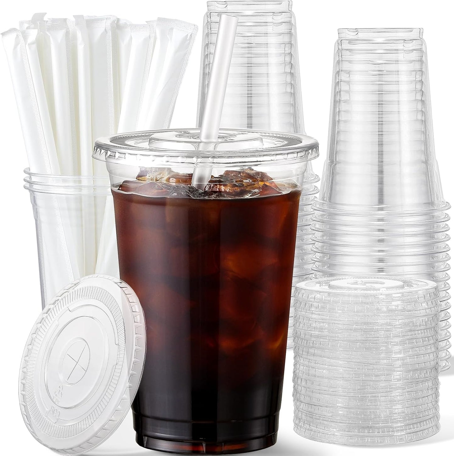 AOZITA 16 oz Plastic Cups with Lids and Straws, 50 Pack, Disposable Iced Coffee Cups with Lids, Clear Cups with Lids for Cold Drinks, Iced Tea, Milkshakes, Smoothies - Durable & BPA Free