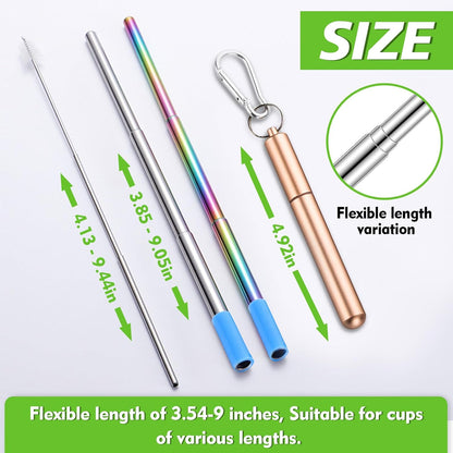 Reusable Straws 5Pack Collapsible Portable Metal Straw Reusable Foldable Stainless Steel Drinking Travel Telescopic Straw with Case, Straws Brush