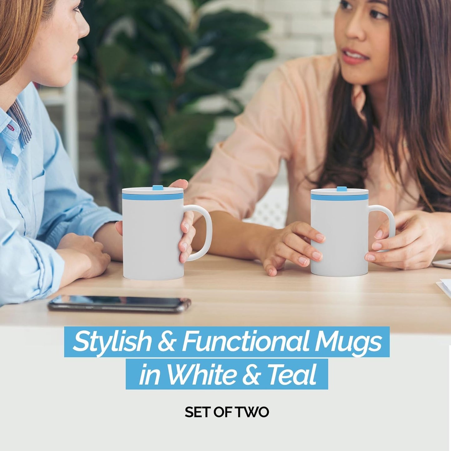 Copco Iconic 16oz Double Wall Insulated Desk Mug with Lid & Handle, Set of 2, BPA-Free Reusable Plastic, Spill-Resistant, Microwave & Dishwasher Safe, Wide Mouth (Grey)