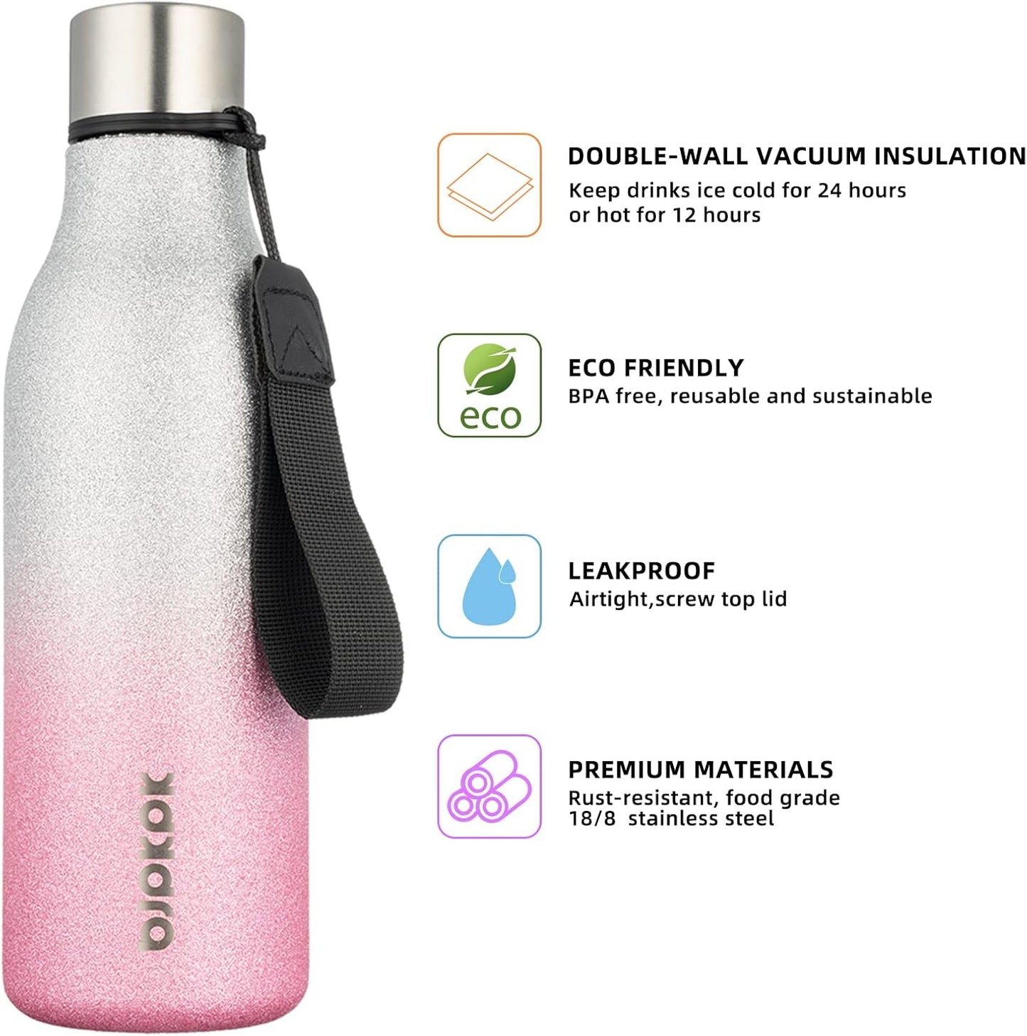 BJPKPK Insulated Water Bottles, 18 oz Stainless Steel Metal Water Bottle with Strap, BPA Free Leak Proof Jugs, Mugs, Flasks, Reusable Thermal Flasks for Sports & Travel, Black - Colors A