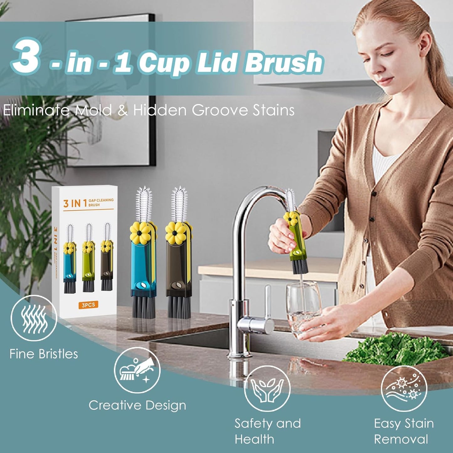 3 in 1 Cup Lid Cleaning Brush, 4PCS Multifunctional Crevice Cleaning Brush for Water Bottle Insulated Cup Tumbler Lid Groove Narrow Space Detail Cleaner Home Kitchen Gadgets