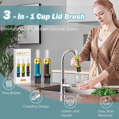 3 in 1 Cup Lid Cleaning Brush, 4PCS Multifunctional Crevice Cleaning Brush for Water Bottle Insulated Cup Tumbler Lid Groove Narrow Space Detail Cleaner Home Kitchen Gadgets