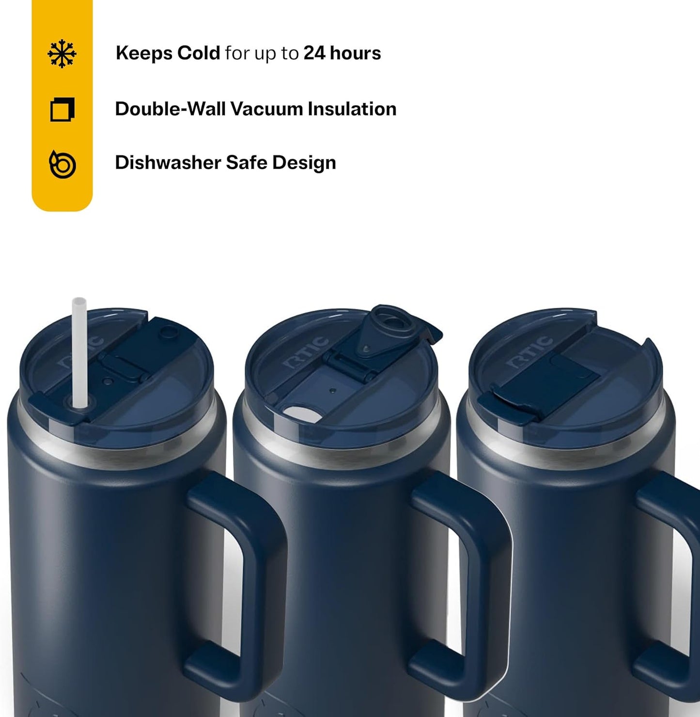 RTIC 64oz Road Trip Tumbler with Handle, Lid and Straw, Ceramic Lined, Insulated, Stainless Steel, Double Wall Vacuum-Insulation, Travel Cup, Cool Grey