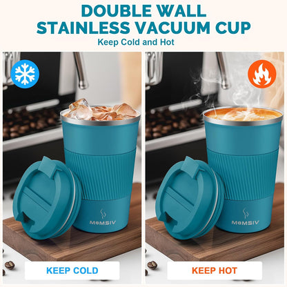 MOMSIV 12oz Travel Mug, Insulated Coffee Cup with Leakproof Lid, Travel Coffee Mug Vacuum Stainless Steel Double Walled Reusable Coffee Cup for Hot and Cold Water Coffee