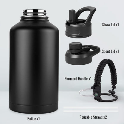 Fijinhom 24 oz Insulated Water Bottle with Handle, 304 Stainless Steel Water Bottles with Wide Mouth, Double Wall Vacuum Sports Water Bottle, BPA Free, Keep Cold and Hot, Black | with Handle