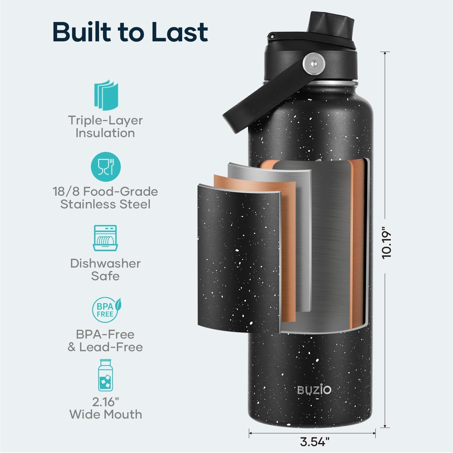 BUZIO 40oz Insulated Water Bottle, Triple Wall Vacuum Stainless Steel Water Flask with 2 lids, Lead-Free BPA-Free Straw Lid Sports Canteen Jug, Cold 48H & Hot 24H- Black - Colors A