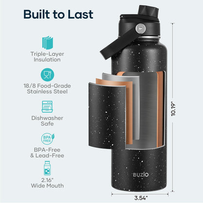 BUZIO 40oz Insulated Water Bottle, Triple Wall Vacuum Stainless Steel Water Flask with 2 lids, Lead-Free BPA-Free Straw Lid Sports Canteen Jug, Cold 48H & Hot 24H- Black - Colors A