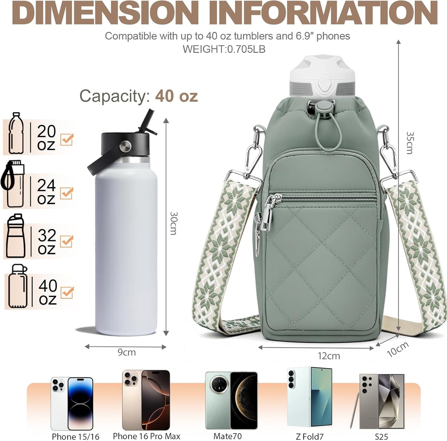 SYTRAH Water Bottle Carrier Bag with Strap, Water Bottle Purse with Phone Pocket 40oz for Walking Hiking