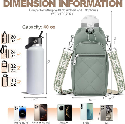 SYTRAH Water Bottle Carrier Bag with Strap, Water Bottle Purse with Phone Pocket 40oz for Walking Hiking