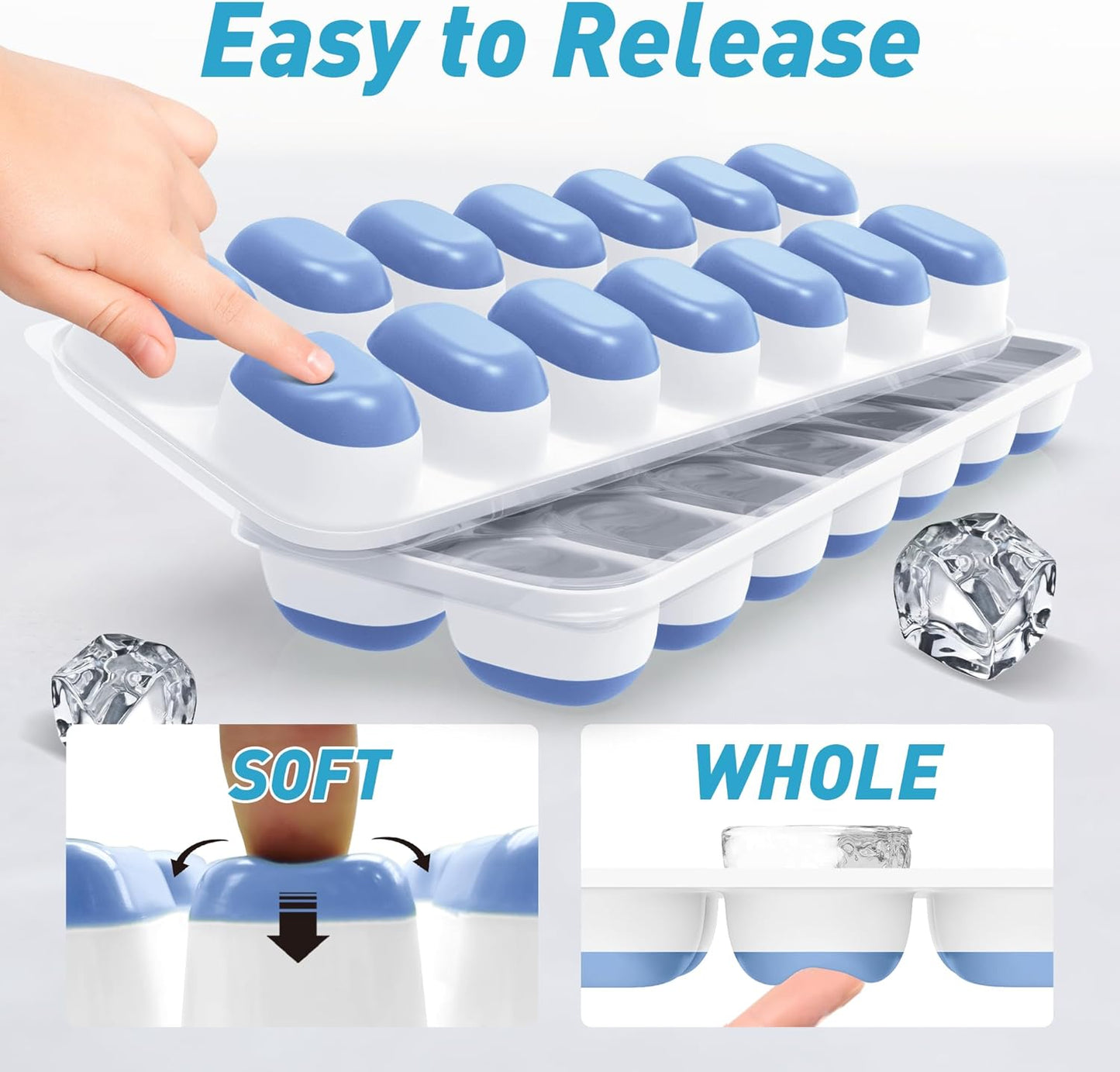 ChefAide 4‑Pack Ice Cube Trays with Lids, 56‑Cube Total Stackable Freezer Ice Trays, Durable Silicone & Plastic Easy‑Release Ice Molds for Cocktails, Coffee & Drinks