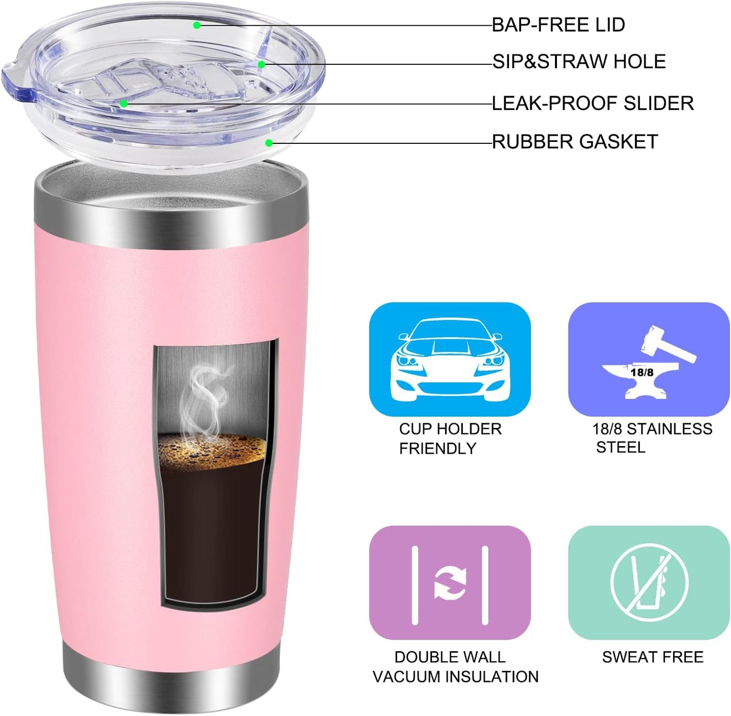VEGOND 20oz Tumbler with Lid and Straw Stainless Steel Tumbler Cup Bulk Vacuum Insulated Double Wall Travel Coffee Mug Powder Coated Coffee Cup, Black, 12 Pack