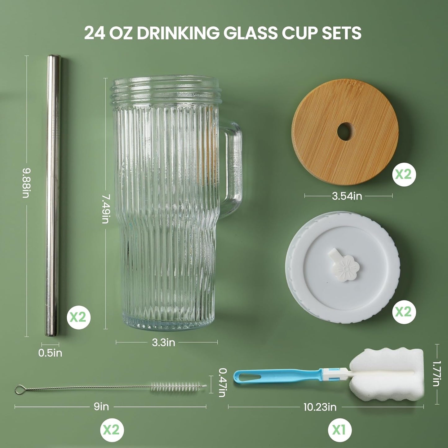 2Pack 40OZ Glass Tumbler with Handle,Glass Cup with Lid and Straw,Reusable Glass Iced Coffee Cup for Beer, Smoothies, Juice,Hot/Cold Drinks-Suitable for Birthday,Wedding