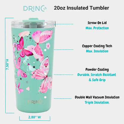 Drinco - 20 oz Stainless Steel Tumbler | Double Walled Vacuum Insulated Mug With Lid, 2 Straws, For Hot & Cold Drinks (20oz Dragonfly)