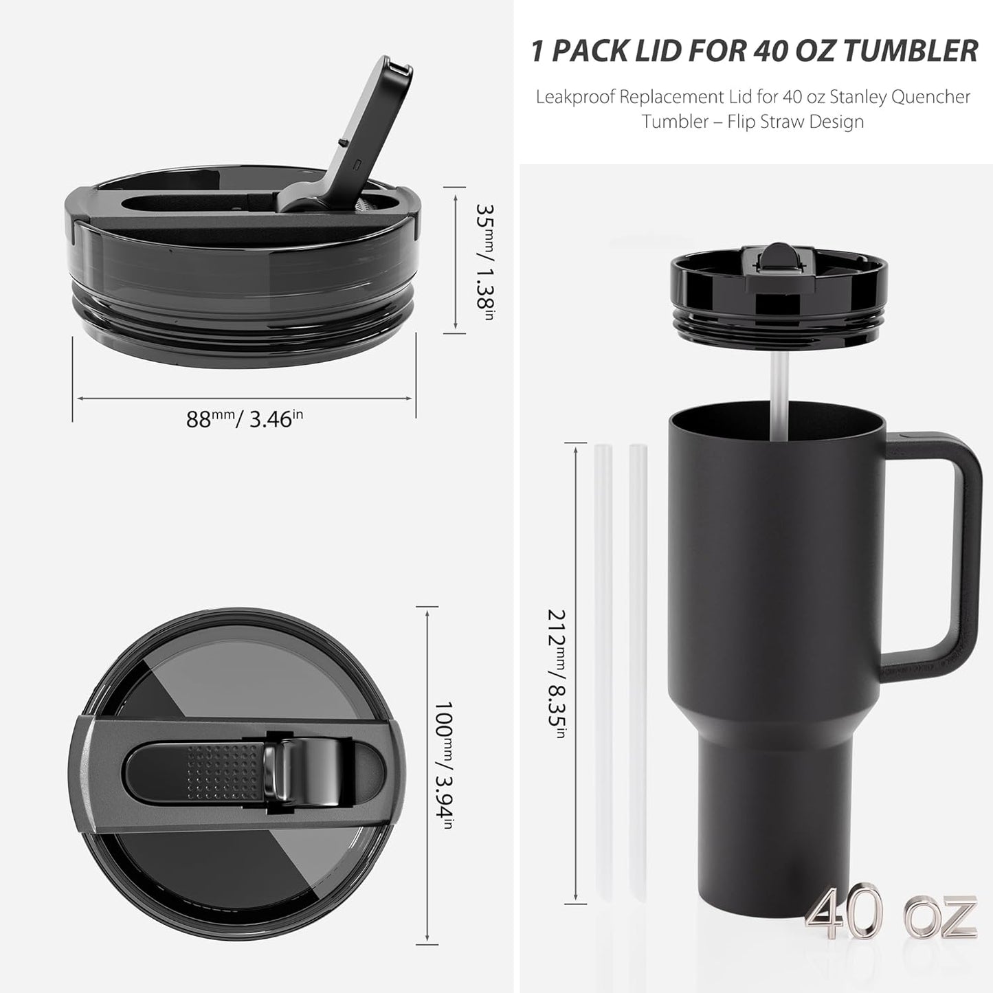 2 Pack 40 oz Flip Straw Lid for STANLEY Quencher ProTour and H2.0 FlowState Tumbler(Only for STANLEY Tumbler), Leakproof Lid, No Spill & Easy to Use Reusable Cover (Passion Pink)