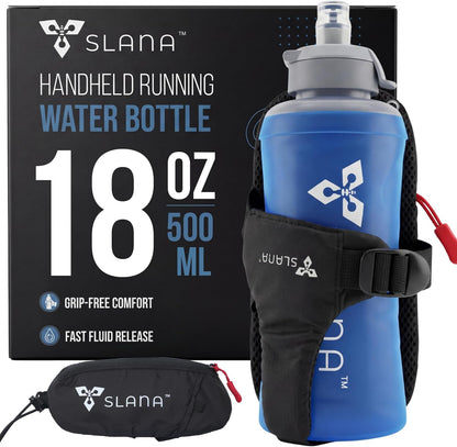 Handheld Running Water Bottle 18 oz – Grip-Free Collapsible Water Bottles for Running with Adjustable Strap & Thumbhole, Expandable Phone Pocket, Race Cap for One-Hand Drinking