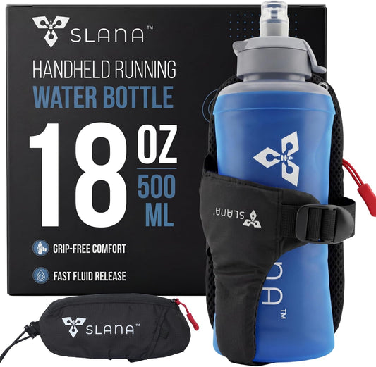 Handheld Running Water Bottle 18 oz – Grip-Free Collapsible Water Bottles for Running with Adjustable Strap & Thumbhole, Expandable Phone Pocket, Race Cap for One-Hand Drinking