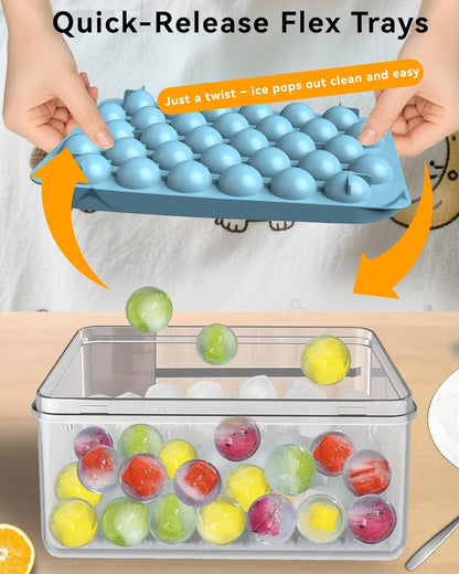 Ice Cube Trays with Lid and Bin, BPA-Free Mini 0.8 Inch Sphere Ice Molds, 2-Pack Small Round Ice Ball Trays, Easy Release, Includes Scoop & Ice Storage Box for Cocktails, Coffee