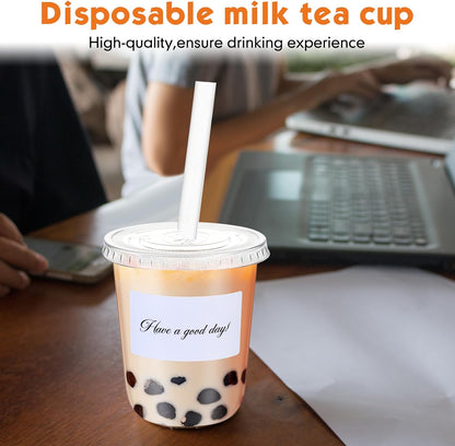Ziliny 50 Sets Crystal Clear Plastic Cups with Lids, Straws and Stickers, Disposable Iced Coffee Cups Thickened PET for Iced Coffee, Bubble BobaTea, Smoothie, Cold Drinks, Juice, Shops (12 oz)
