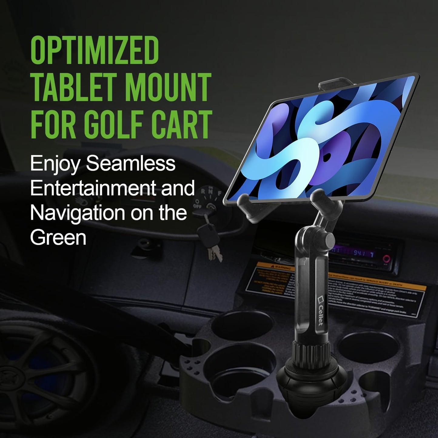 Cellet Cup Holder Tray for Car with Phone Mount – Expandable Base, 360° Rotation Food & Drink Tray with Non-Slip Surface, Adjustable Arm for Eating in Vehicle – Fits Most Standard Car Cup Holders