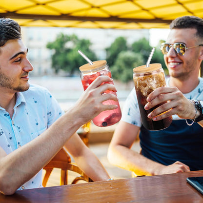 Glass Cups with Lids and Straws Set of 2 - Iced Coffee Cups with Lids for Cold Brew and Beer, 20 oz Can Shaped Glass with Bamboo Lids and Straws - Aesthetic Coffee Bar Gift for Coffee Lovers