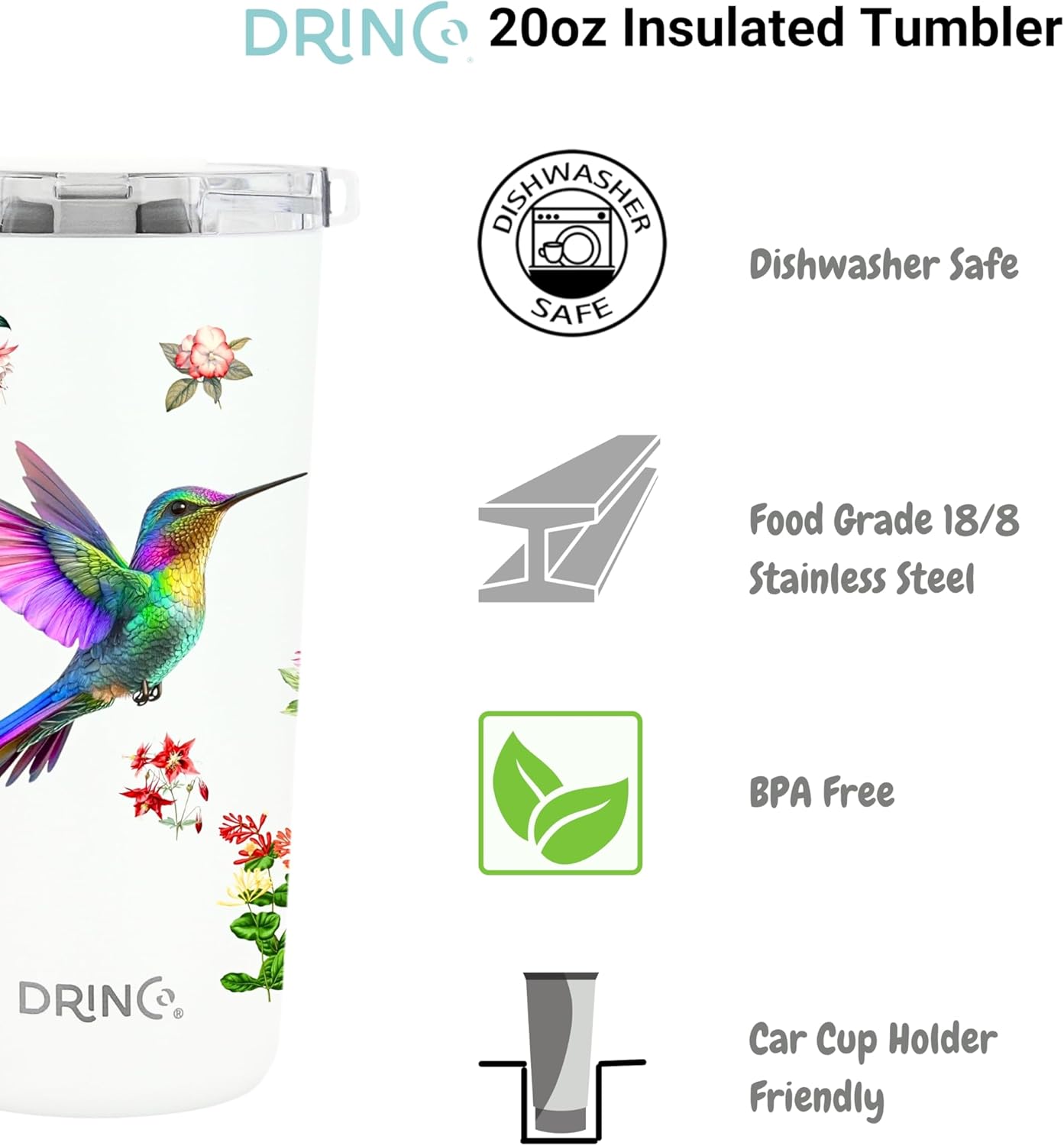 Drinco - 20 oz Stainless Steel Tumbler | Double Walled Vacuum Insulated Mug With Lid, 2 Straws, For Hot & Cold Drinks (20oz Dragonfly)