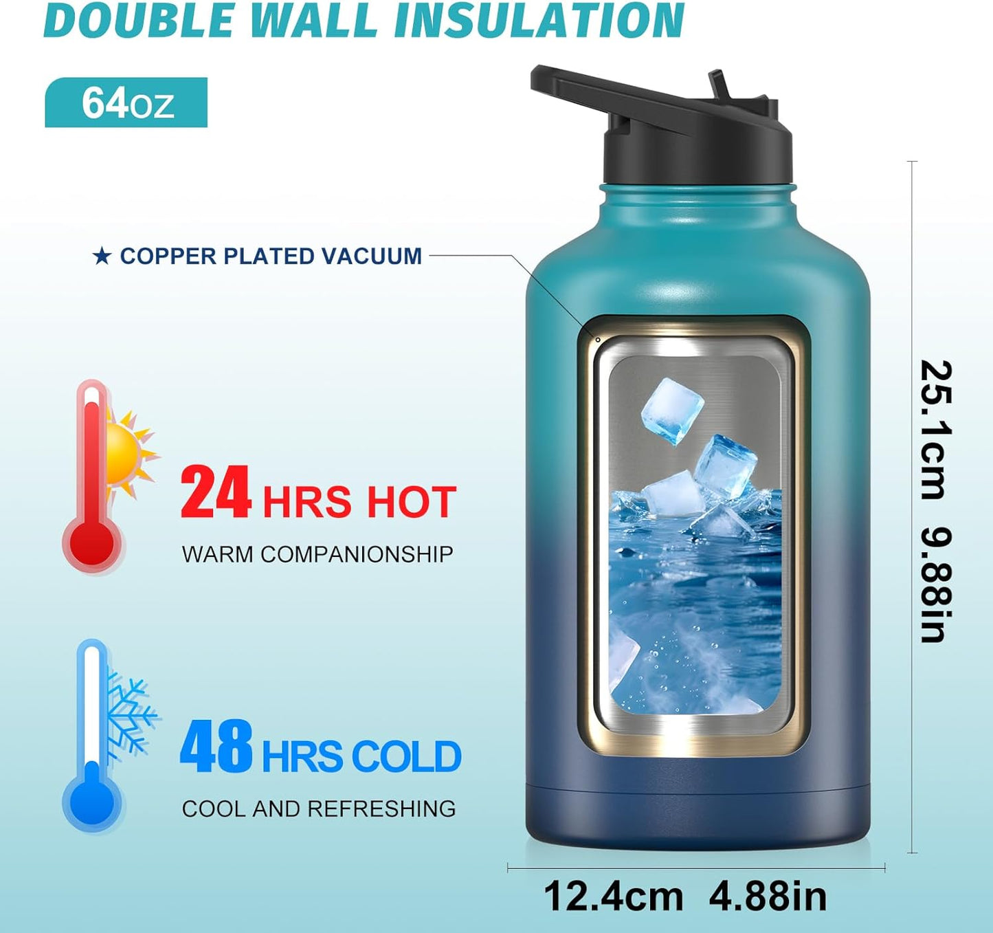 40oz Insulated Water Bottle (Cold for 48 Hrs),BPA Free&Leak Proof,Stainless Steel Water Flask,Water Jug with Straw Spout Lids for Gym,Hiking,Travel,Black Blue