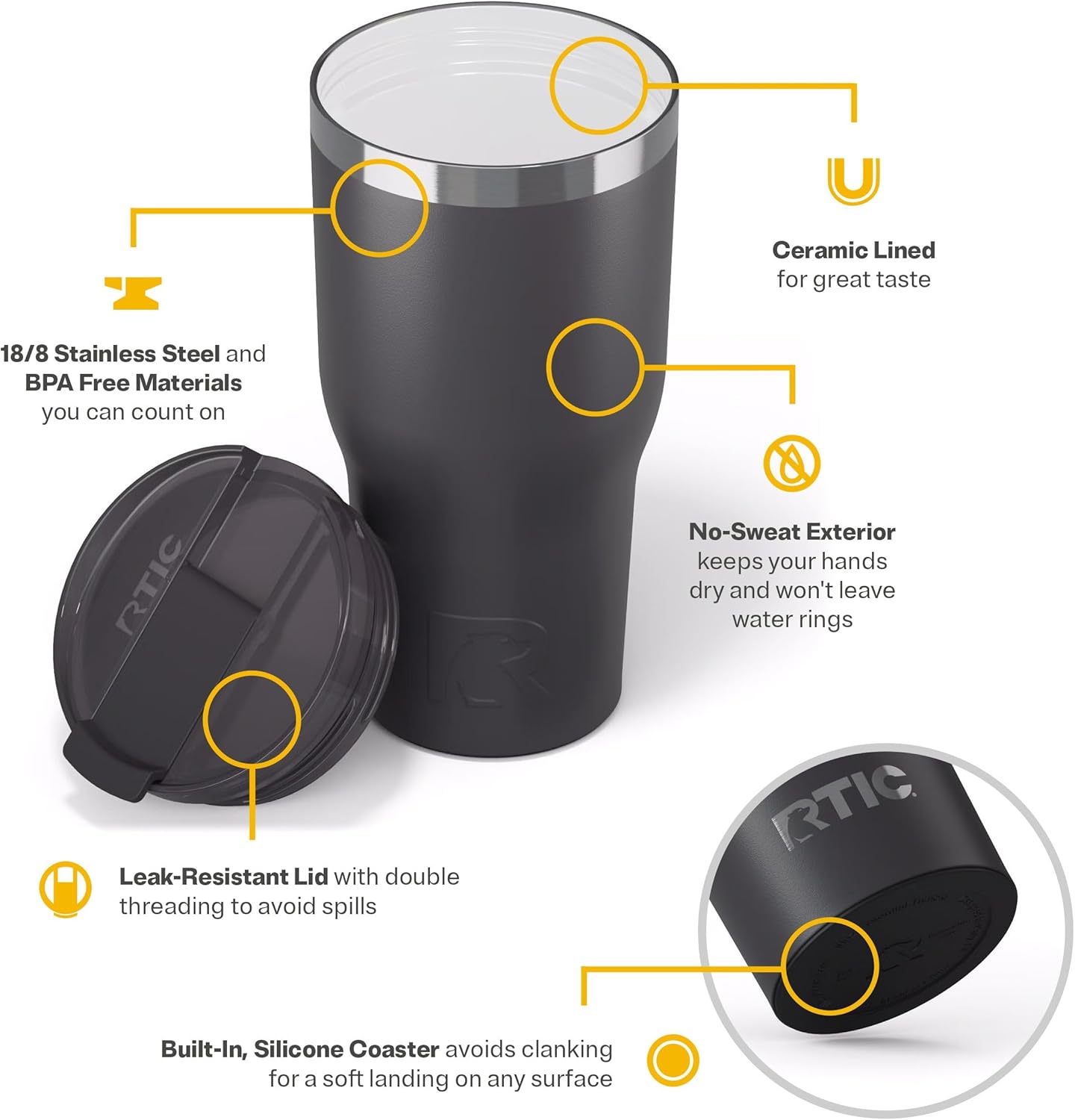 RTIC 20oz Essential Tumbler with Lid, Ceramic Lined, Insulated, Stainless Steel, Metal, Double Wall Vacuum-Insulation, Travel Cup for Iced Coffee, Tea, Hot and Cold Drink, Graphite