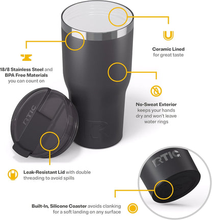 RTIC 20oz Essential Tumbler with Lid, Ceramic Lined, Insulated, Stainless Steel, Metal, Double Wall Vacuum-Insulation, Travel Cup for Iced Coffee, Tea, Hot and Cold Drink, Graphite