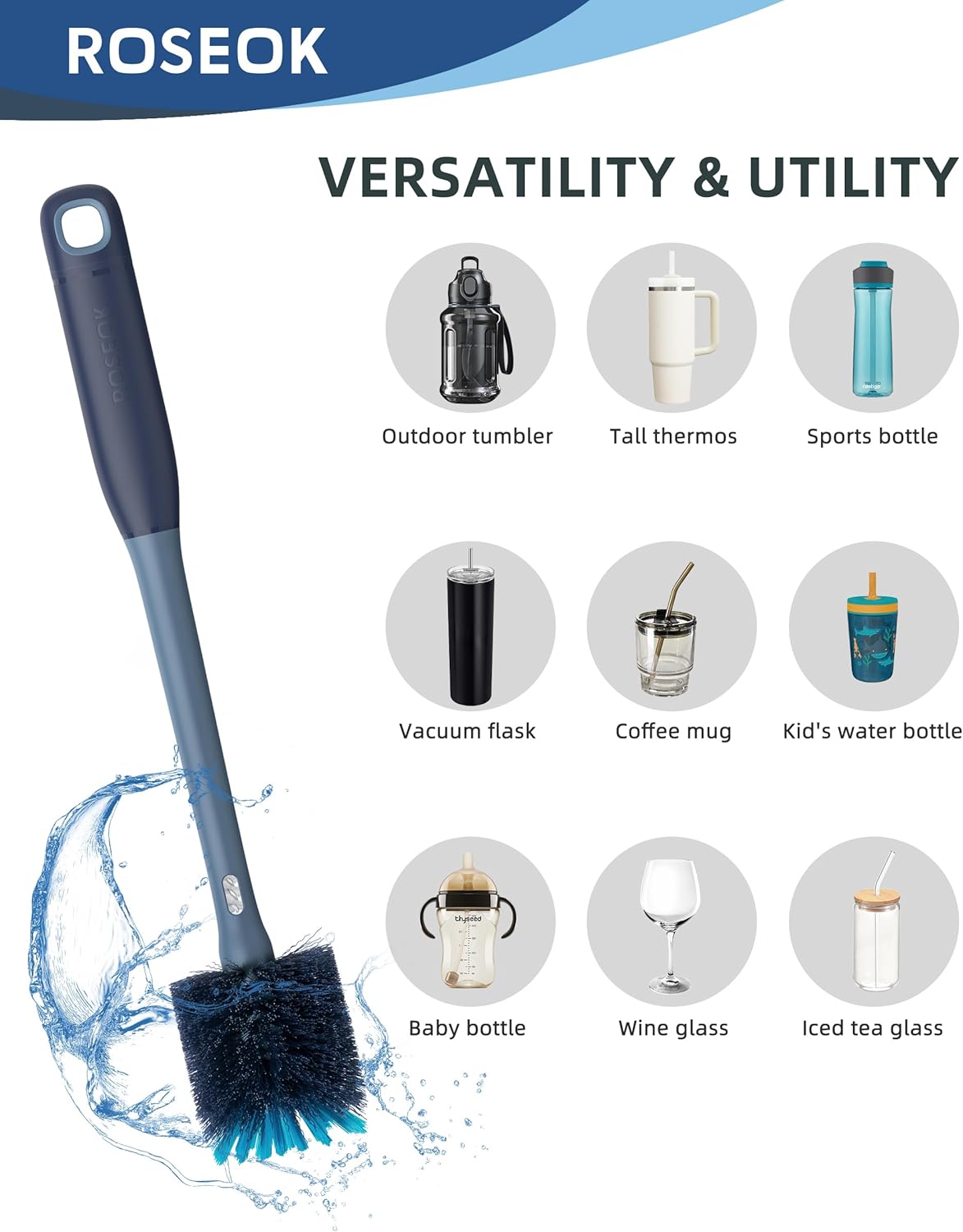 ROSEOK 2 in 1 Long Handle Bottle Brush with Straw Brush for Cleaning Glass, Sports Bottle, Coffee Mug,Navy Blue,1 Pack