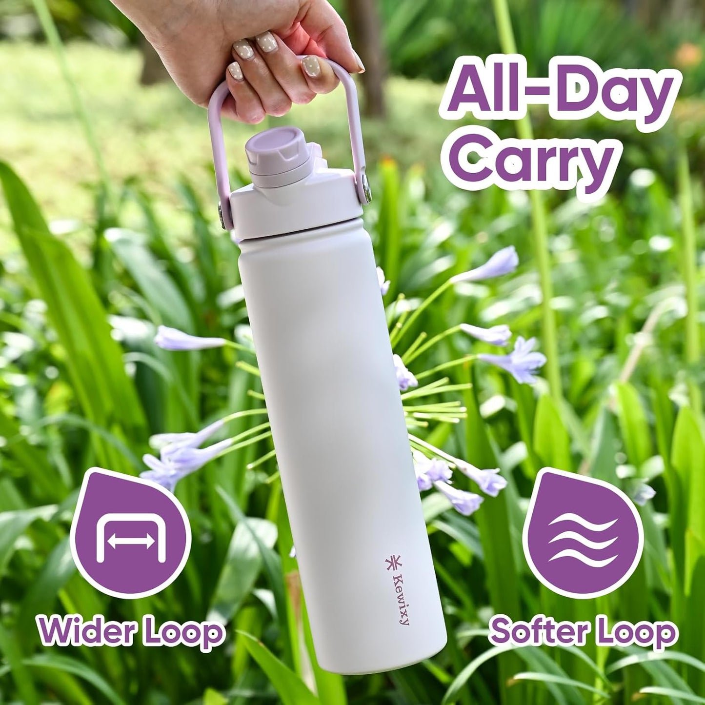 KEWIXY 32 oz Insulated Water Bottle, 2-in-1 Lid, Straw & Spout with Protected, Leak Proof, Keep Cold, Stainless Steel, Metal, Reusable, Handle, for Outdoor, Gym and School, 2 Lids, Blush Pink