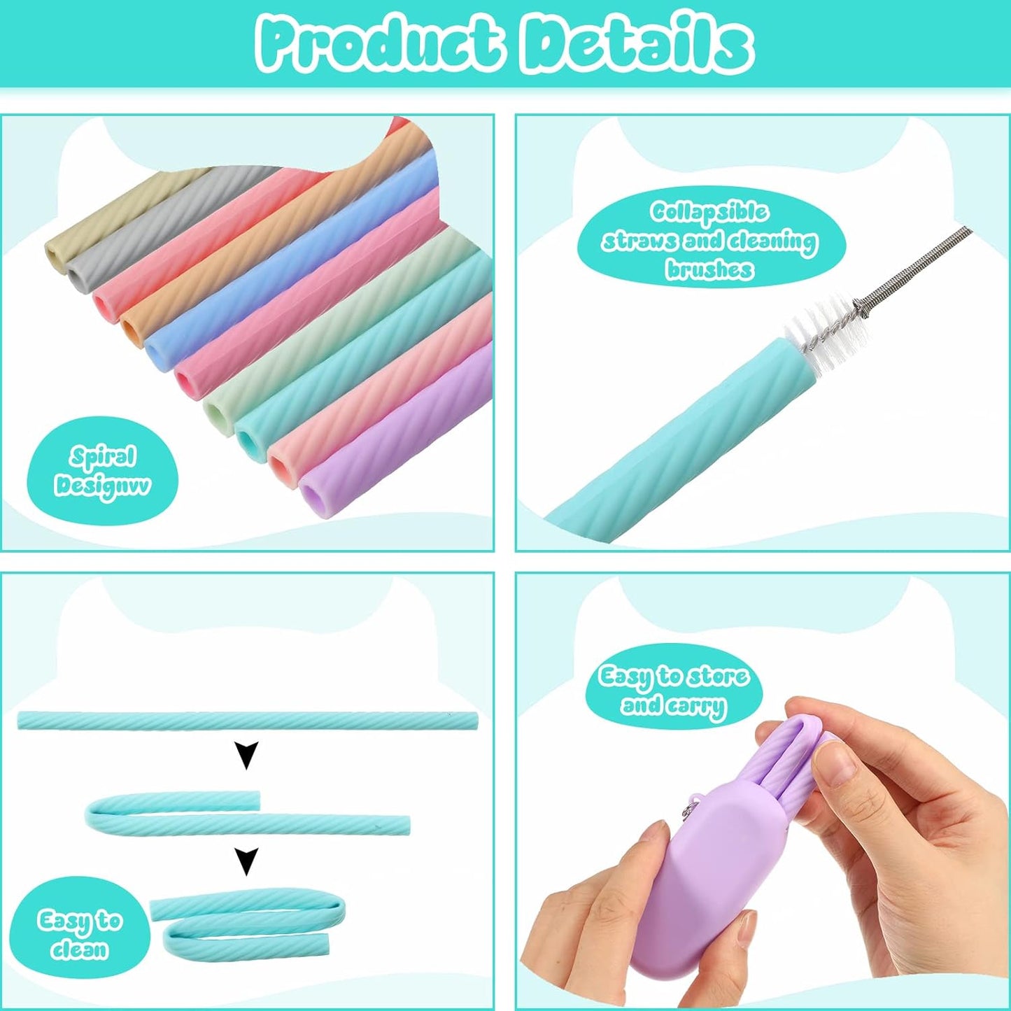 Irenare 20 Sets Silicone Straws with Case Reusable Collapsible Foldable Travel Portable Straw Cold or Hot Drinking with Carry Case, Long Cleaning Brush and Keychain, 10 Colors(Classic)