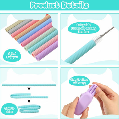 Irenare 20 Sets Silicone Straws with Case Reusable Collapsible Foldable Travel Portable Straw Cold or Hot Drinking with Carry Case, Long Cleaning Brush and Keychain, 10 Colors(Classic)
