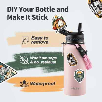 WixByti 40 oz Insulated Water Bottle with Straw (Cold for 36 Hrs), Stainless Steel Triple Wall Vacuum Sports Water Jug, Leakproof Hydro Cup Flask with Paracord Handle & Straw Spout Lids & DIY Stickers