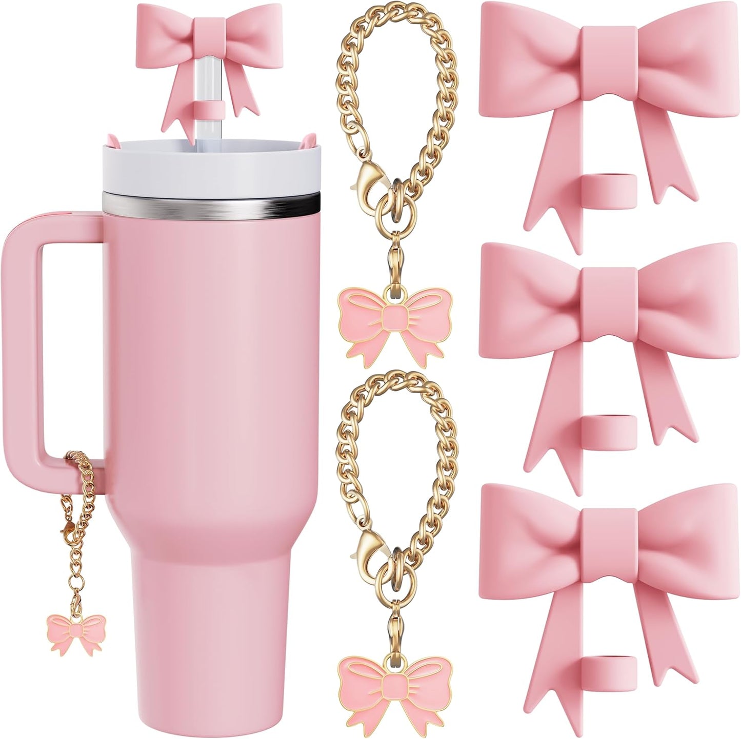 Compatible with Stanley Cup Accessories - 3Pcs 10mm Bow Straw Topper Compatible with Stanley Cup Straw Cover Cap, 2pcs Pink Bow Charms for Stanley 30&40 Oz Tumbler with Handle