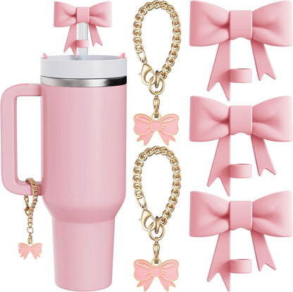 Compatible with Stanley Cup Accessories - 3Pcs 10mm Bow Straw Topper Compatible with Stanley Cup Straw Cover Cap, 2pcs Pink Bow Charms for Stanley 30&40 Oz Tumbler with Handle