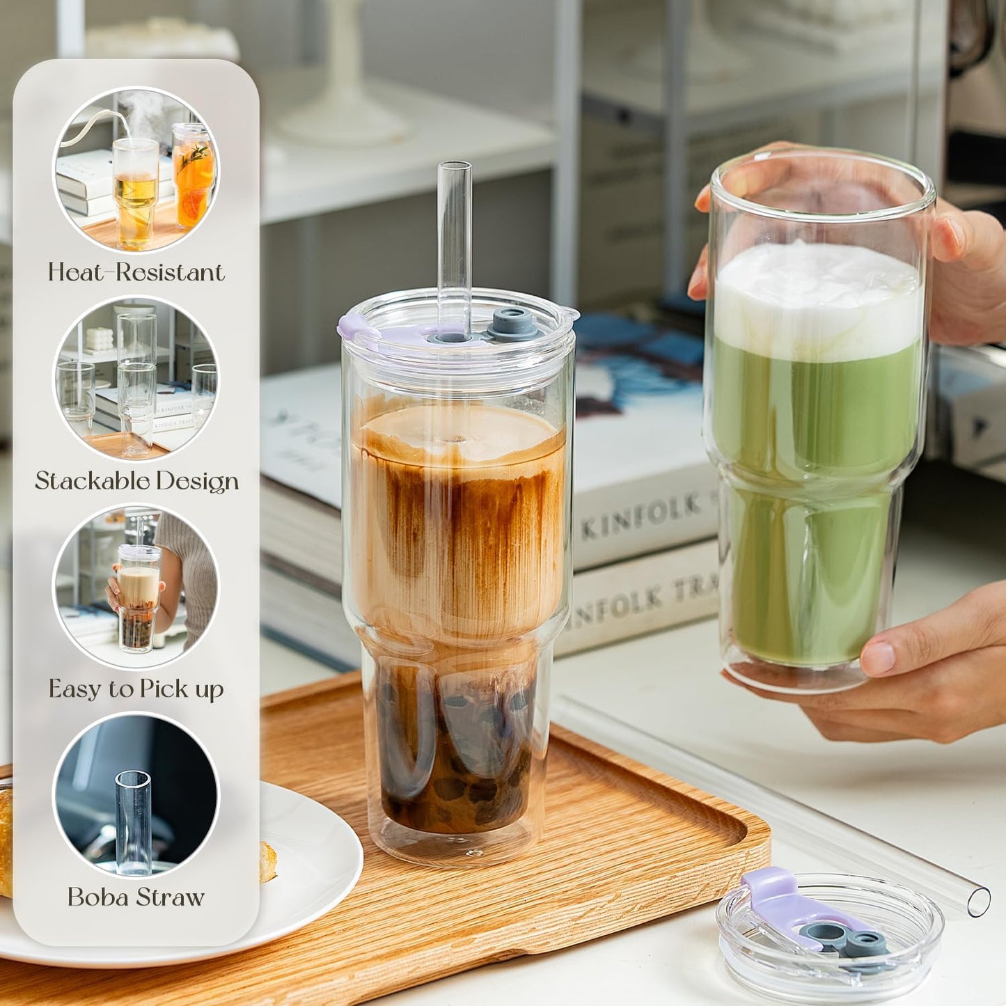 KEMORELA 28 oz Double Wall Glass Tumblers Set of 2, Extra-Wide 13mm Reusable Drinking Straws, Boba Tumbler, Wide-Mouth Water Cups for Iced Coffee, Smoothies, Boba & Tea Lovers (Clear)