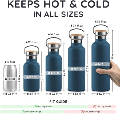 Bambaw 24 oz Stainless Steel Water Bottle, Insulated Metal Water Bottle Wide Mouth, Great for Hiking & Travel, With Handle Easy to Carry, Rust-Resistant & Durable (Aegean Blue)