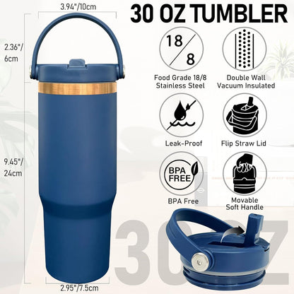 30 oz Tumbler Bulk with Handle and Straw, Vacuum Insulated Tumblers with Flip Straw and Top Handle, Leakproof Powder Coated Tumbler, Stainless Steel Travel Mug for Coffee (Black, 1 Pack)