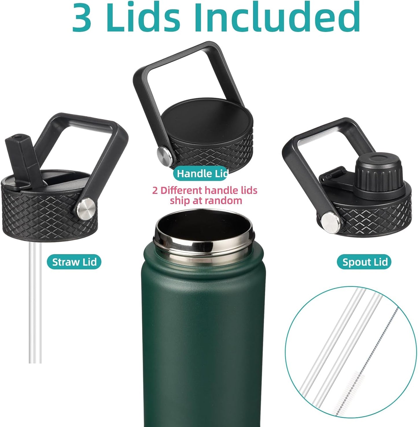 Konokyo 22oz Stainless Steel Bottles with 3 Lids Sport Insulated Water Bottle,Mint