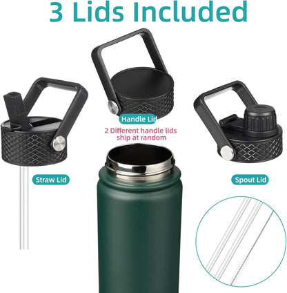 Konokyo 22oz Stainless Steel Bottles with 3 Lids Sport Insulated Water Bottle,Mint