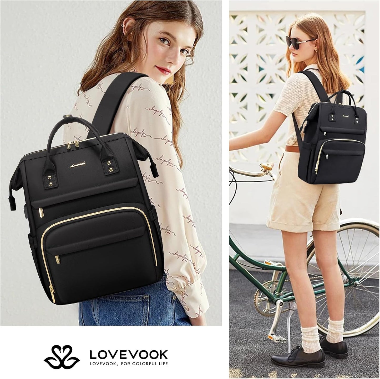 LOVEVOOK Laptop Backpack for Women with Giant Tumbler Holder Pocket,15.6 inch Waterproof Travel Backpack Purse Computer Laptop Bag,Professional Work College Nurse Teacher Backpack Casual Daypack,Black