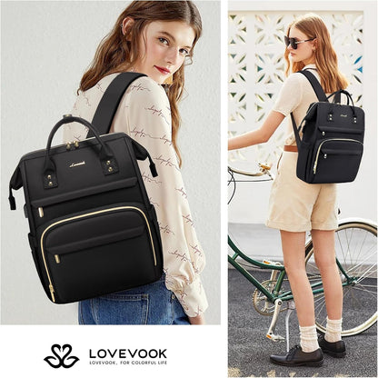 LOVEVOOK Laptop Backpack for Women with Giant Tumbler Holder Pocket,15.6 inch Waterproof Travel Backpack Purse Computer Laptop Bag,Professional Work College Nurse Teacher Backpack Casual Daypack,Black