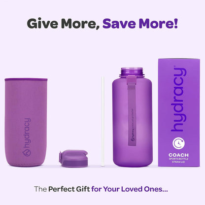 Hydracy Water Bottle with Time Marker -Large BPA Free Water Bottle & No Sweat Sleeve -Leak Proof Gym Bottle with Times to Drink - Ideal for Fitness Sports & Outdoors