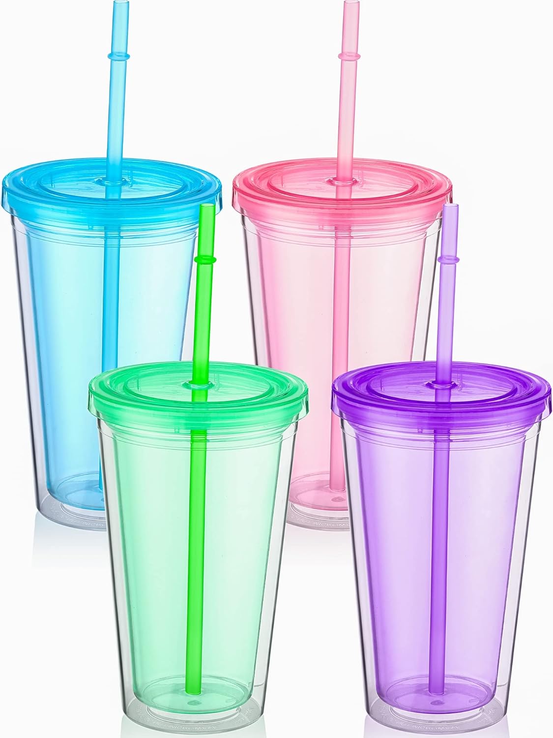 Nuogo 4 Pieces Insulated Double Wall Plastic Tumbler with Lids and Straws Reusable Transparent Plastic Cup 16 oz Tumbler Bulk for Coffee Drinks Milk Tea Juice, Pink, Blue, Green, Purple