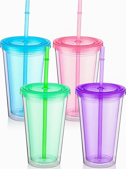Nuogo 4 Pieces Insulated Double Wall Plastic Tumbler with Lids and Straws Reusable Transparent Plastic Cup 16 oz Tumbler Bulk for Coffee Drinks Milk Tea Juice, Pink, Blue, Green, Purple